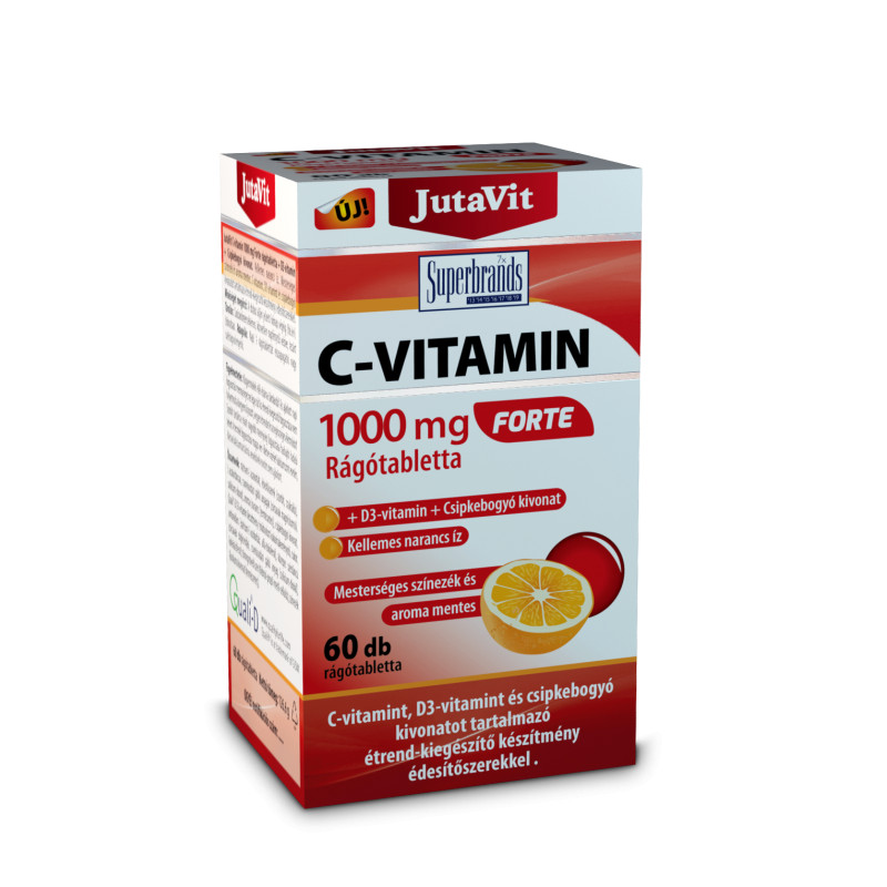 JUTAVITC-vitamin 1000 mg Forte + D3-vitamin+ Csipkebogyó kivonat. 60 rágótabletta