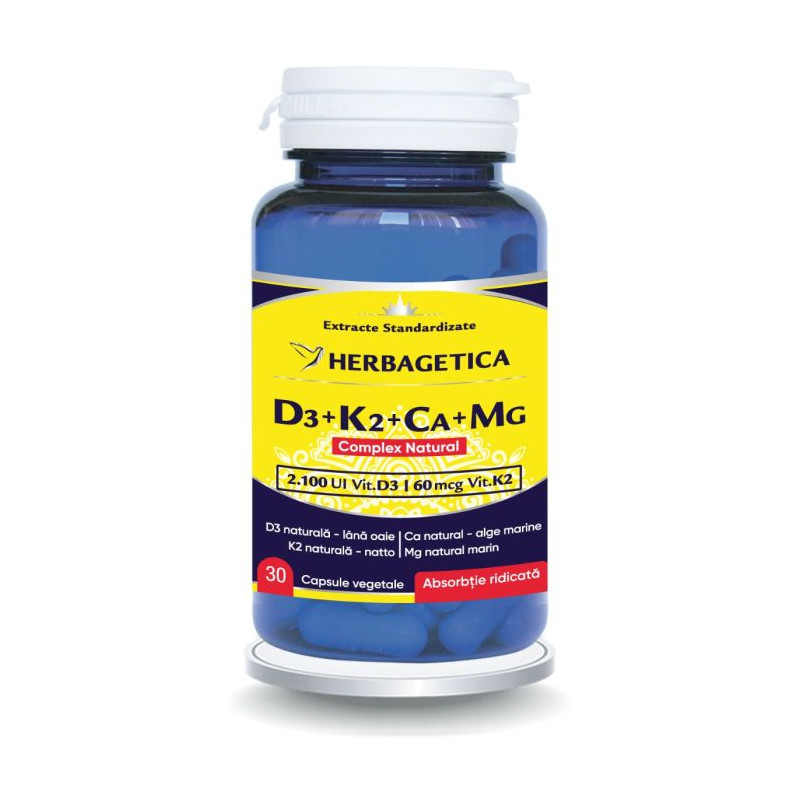 Herbagetica Complex Natural D3 + K2 + Ca + Mg – 30 capsule