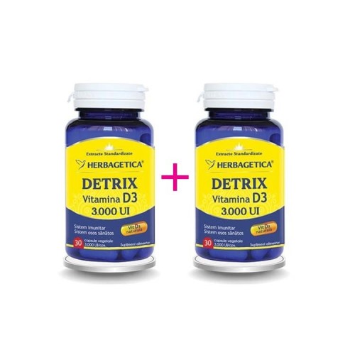 HERBAGETICA, DETRIX Vitamina D3 3000 UI, 30+30 capsule vegetale